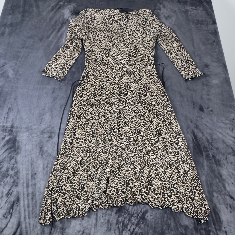 Connected Apparel Midi Dress Womens 10 Black Tan Leaf Print Pleated Asymmetrical - Picture 5 of 6